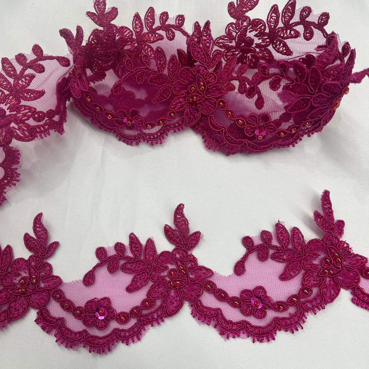 1 Yard Elegant Beaded & Corded Embroidered Lace Trim 100% Polyester Net Mesh, Style 96665W-BP