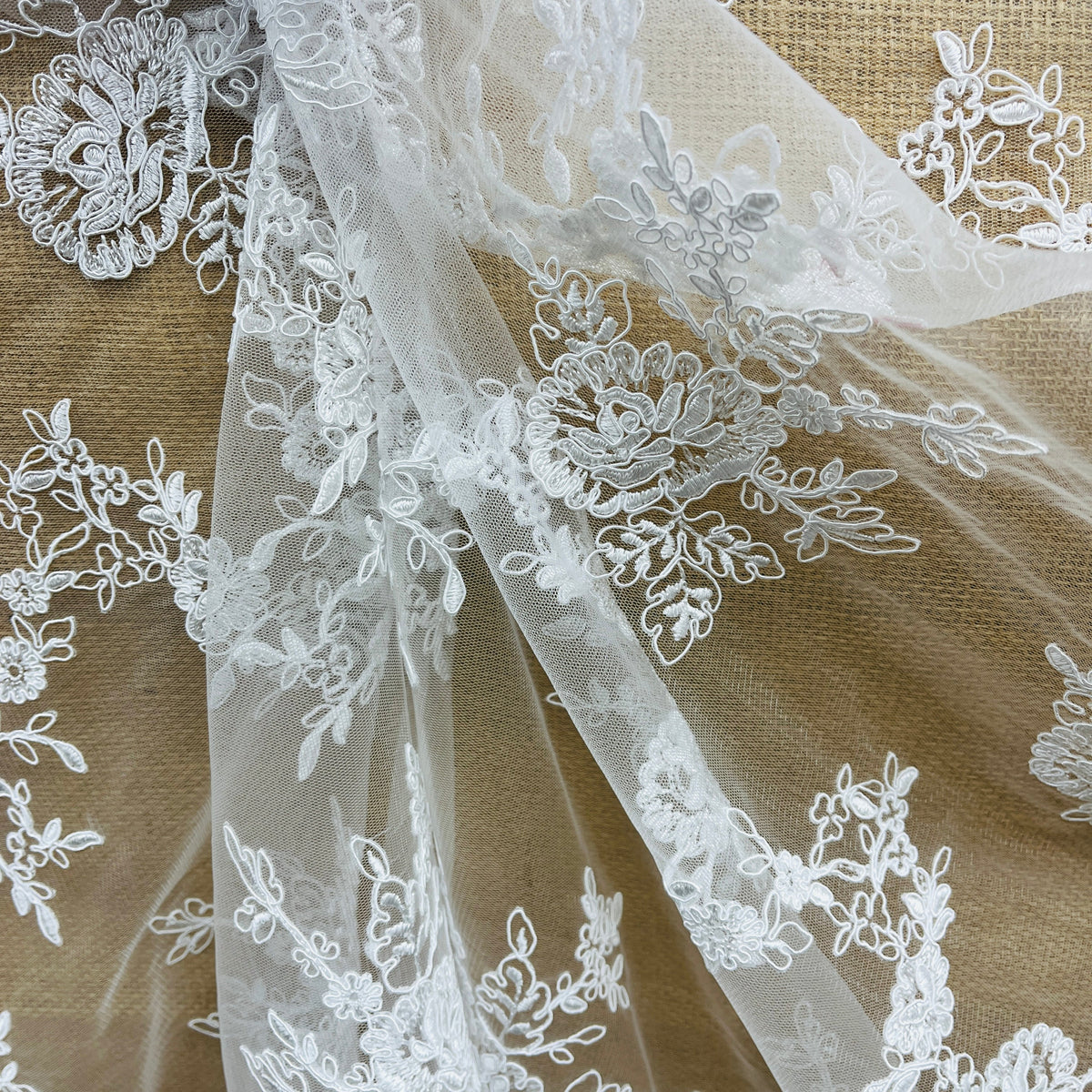 1 Yard Corded Bridal Lace Fabric Embroidered on 100% Polyester Net Mesh, 52" Wide