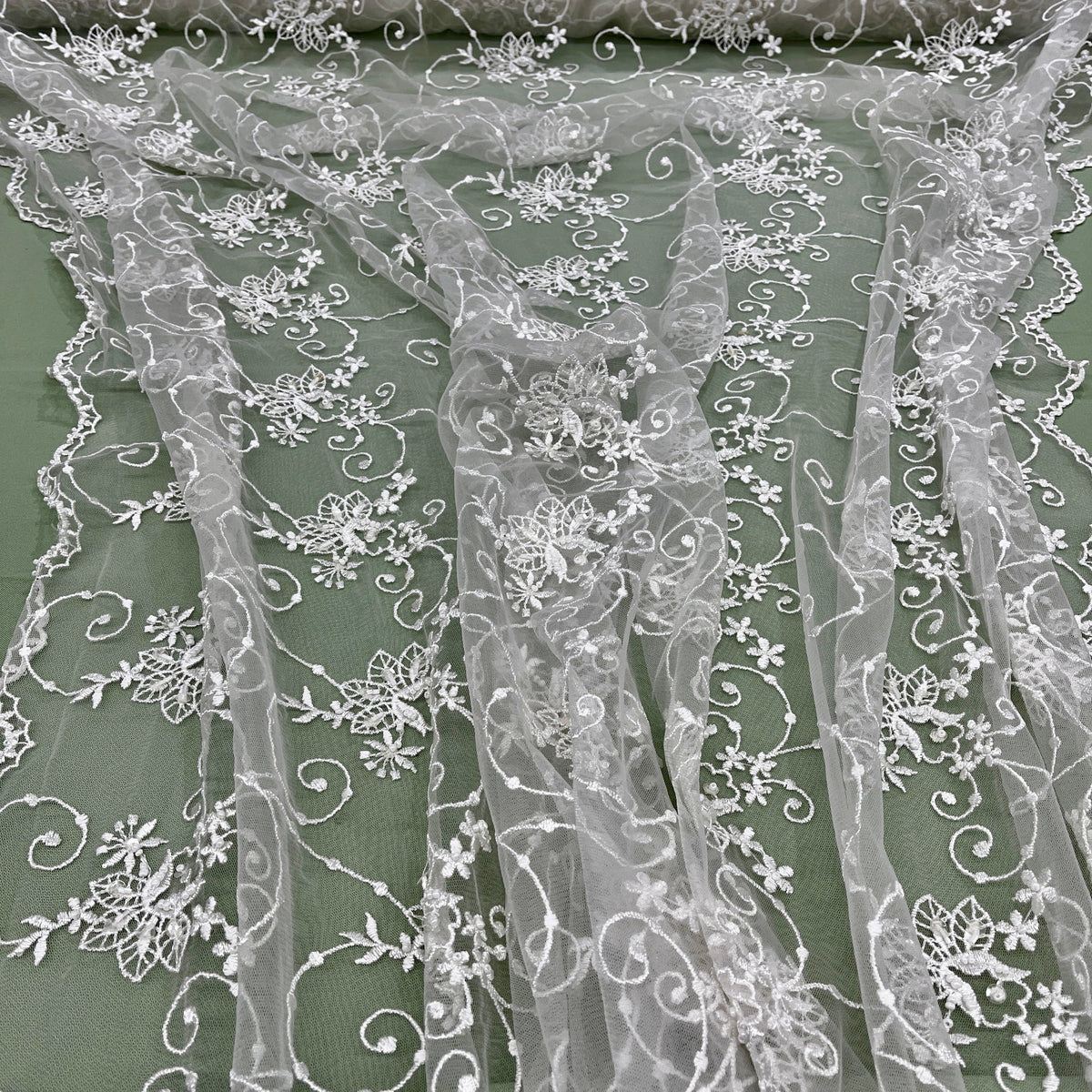 1 Yard Elegant Beaded Lace Fabric on 100% Polyester Mesh, Embroidered Floral Design for Gowns & Decor