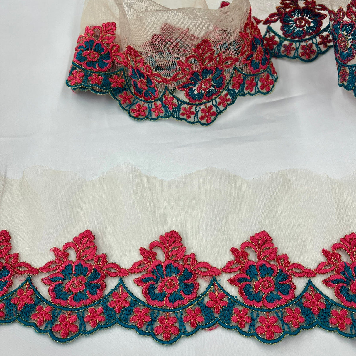 1 Yard Colorful Floral Lace Trimming on Net Mesh | 2.75" Wide | Handmade Embroidered Trim for Dresses & Costumes