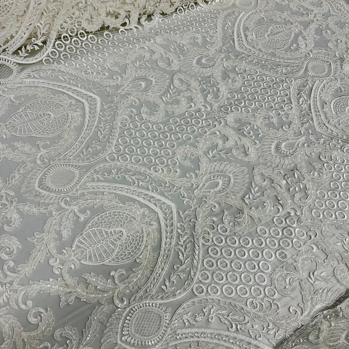 1 Yard 54" Wide Beaded & Corded Bridal Lace Fabric Embroidered on 100% Polyester Net Mesh
