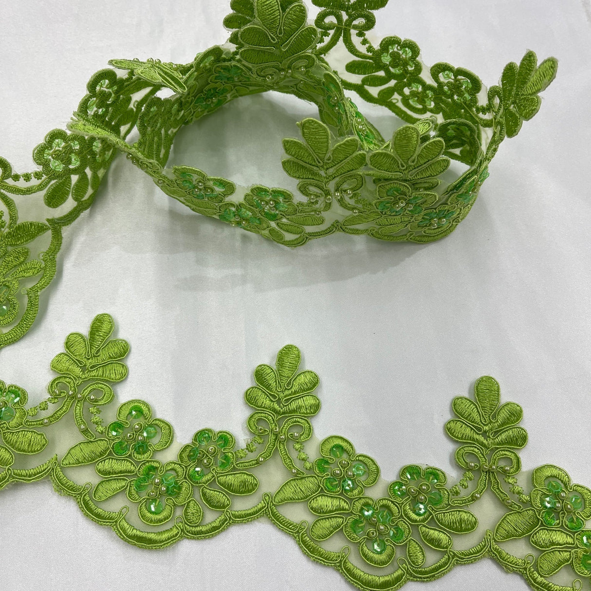 1 Yard Beaded & Corded Embroidered Lace Trim 3" Wide 100% Polyester for Bridal & Evening Dresses