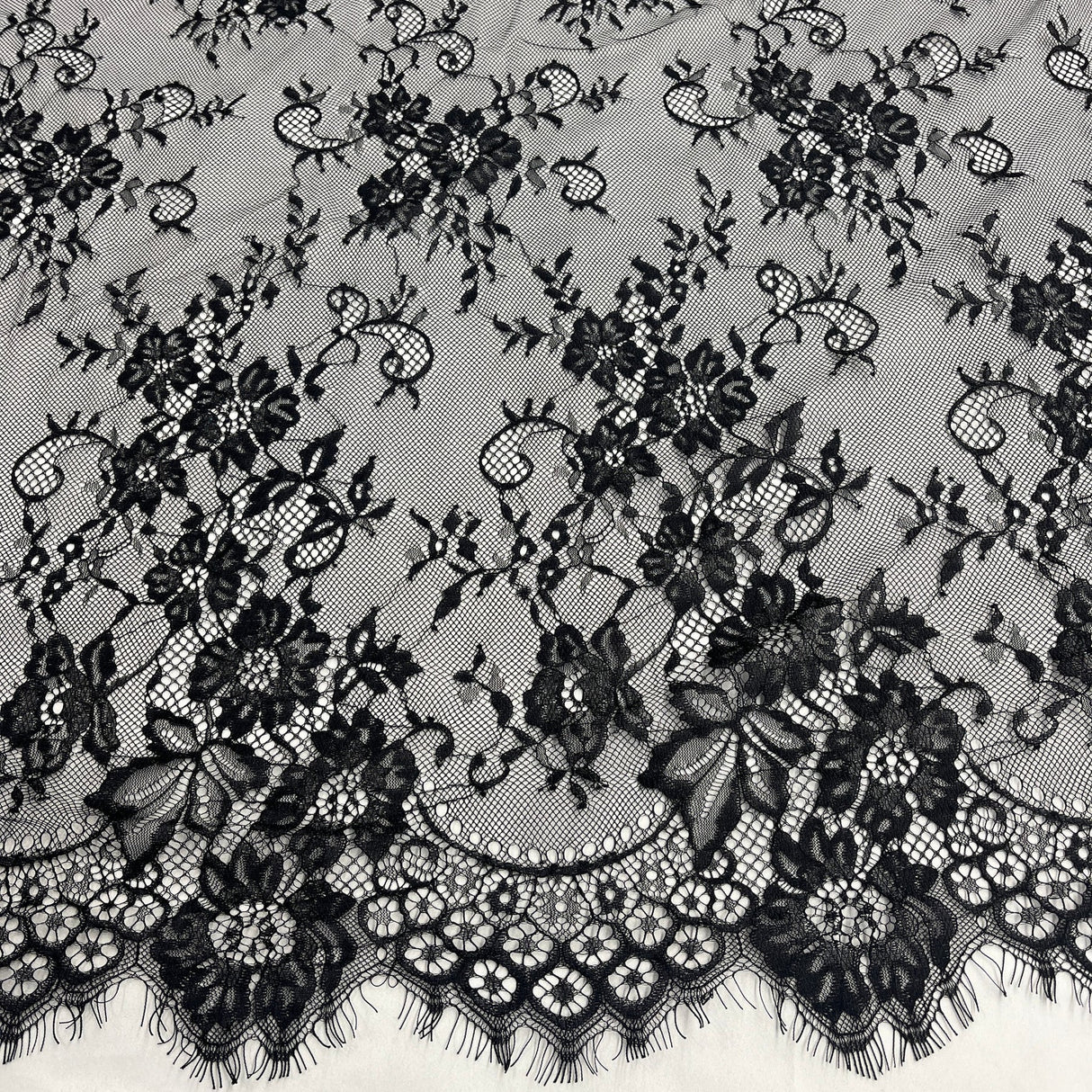 1 Yard Chantilly Embroidered Lace Fabric with Eyelash Scallop, 58" Wide French Lace for Bridal & Evening Wear