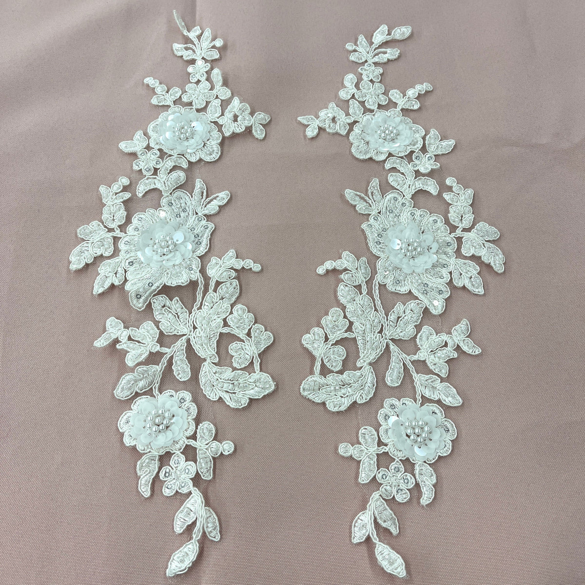 1 Yard Beaded & Corded Floral 3D Lace Applique Embroidered on 100% Polyester Net Mesh 11" x 3" Each Side