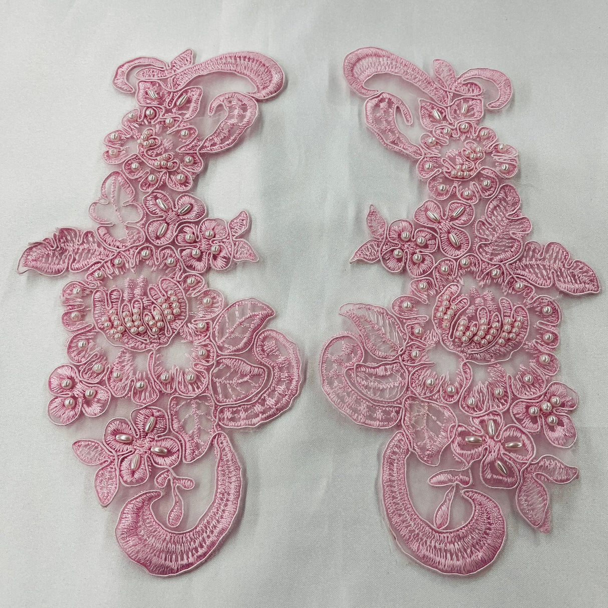 1 Pair 8.5" x 3.5" Each Side Beaded & Corded Floral Lace Applique 100% Polyester Organza