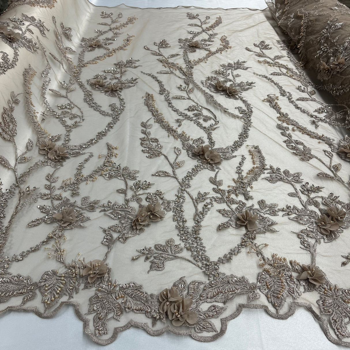 1 Yard Blush Beaded 3D Floral Lace Fabric Embroidered on Polyester Net Mesh 48 inch Width