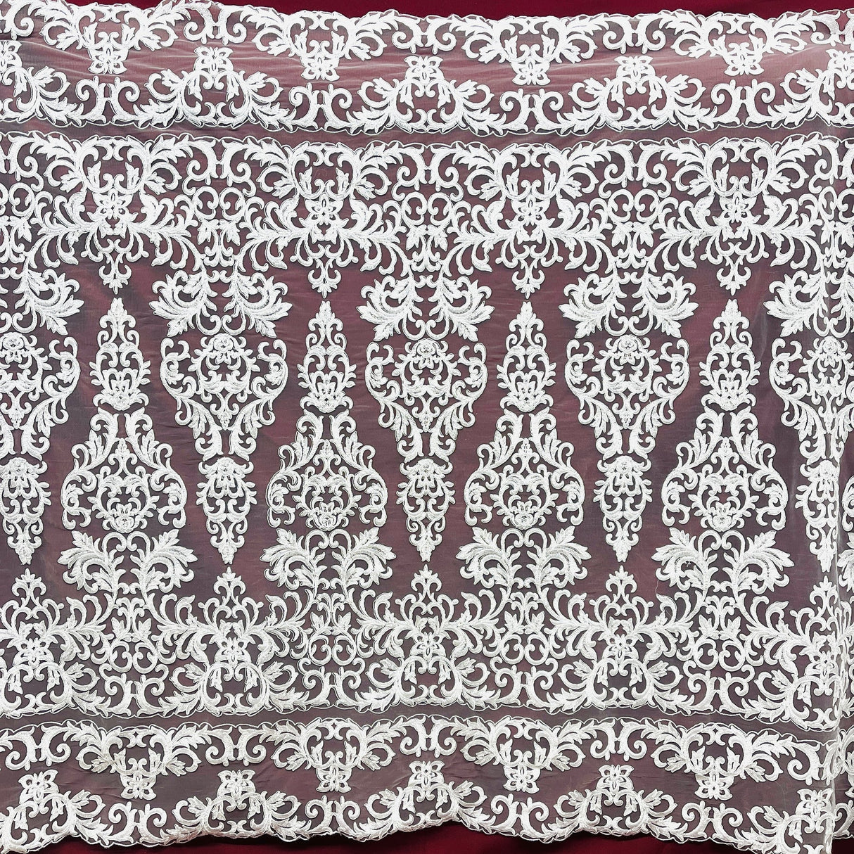 1 Yard Beaded & Corded Lace Fabric on Polyester Net Mesh, White, 51" Wide, Embroidered Lace Fabric