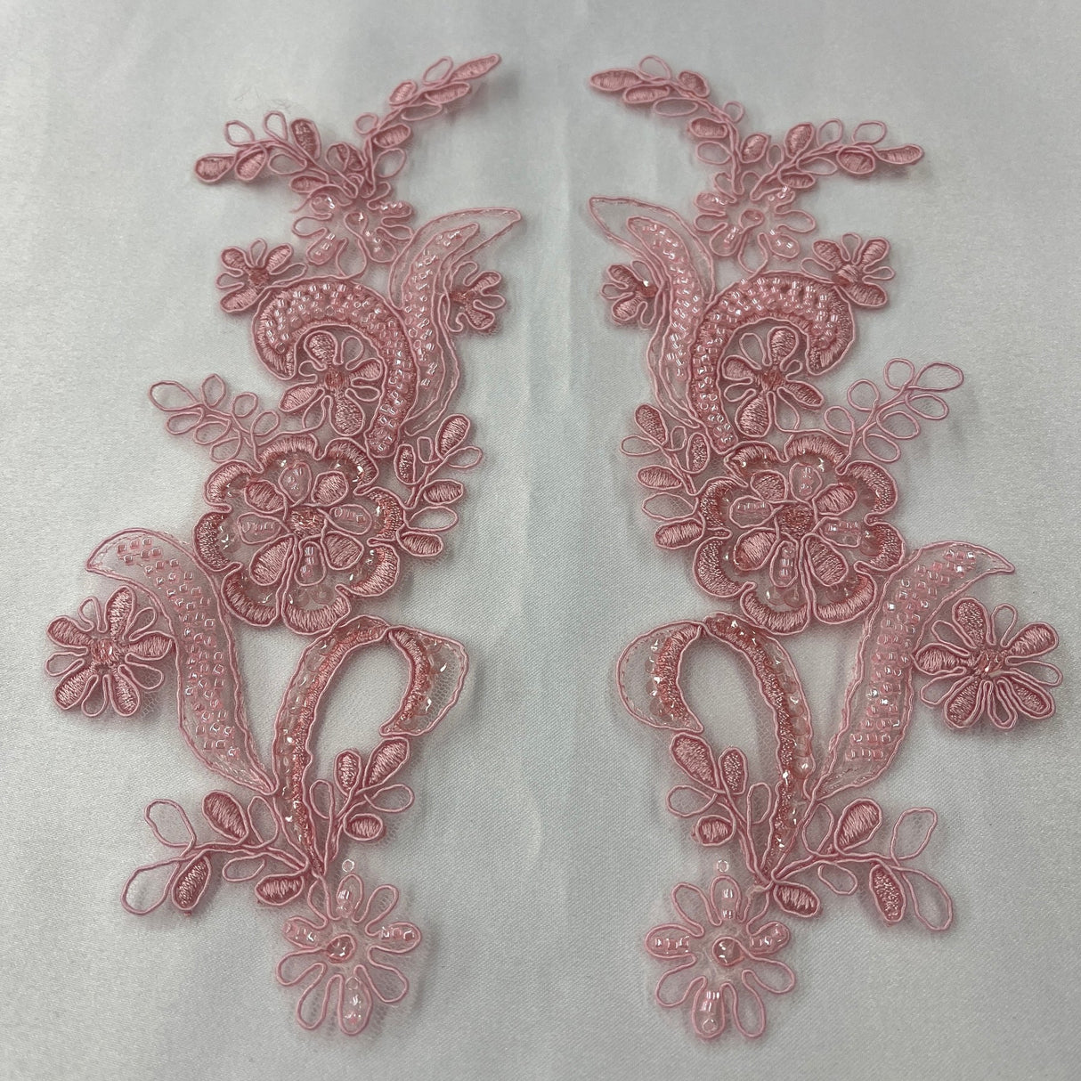 1 Pair Beaded & Corded Floral Lace Applique 9" x 2.5" Each Side