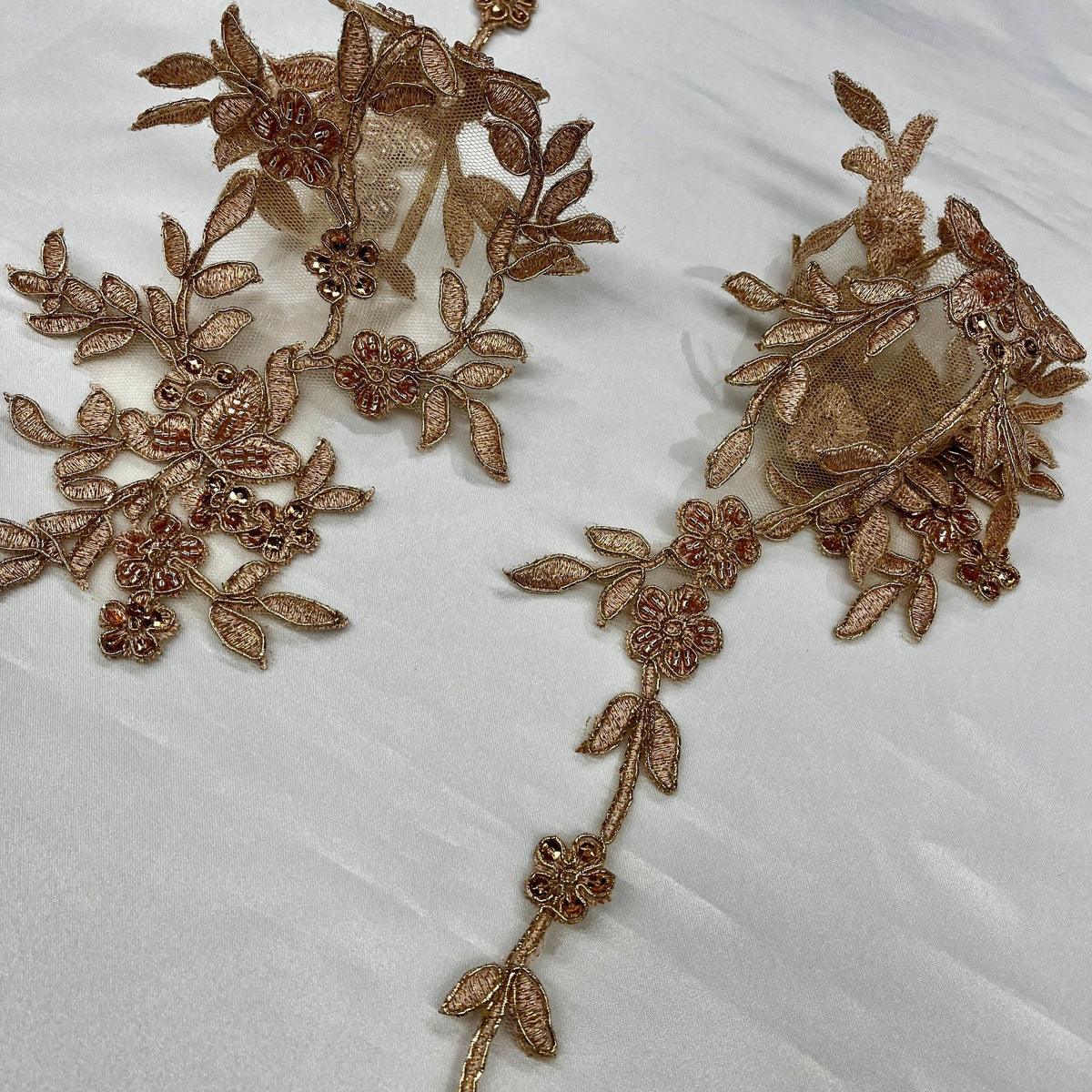 1 Yard Beaded and Corded Floral Lace Applique Net Mesh 17" x 4.5" Each Side