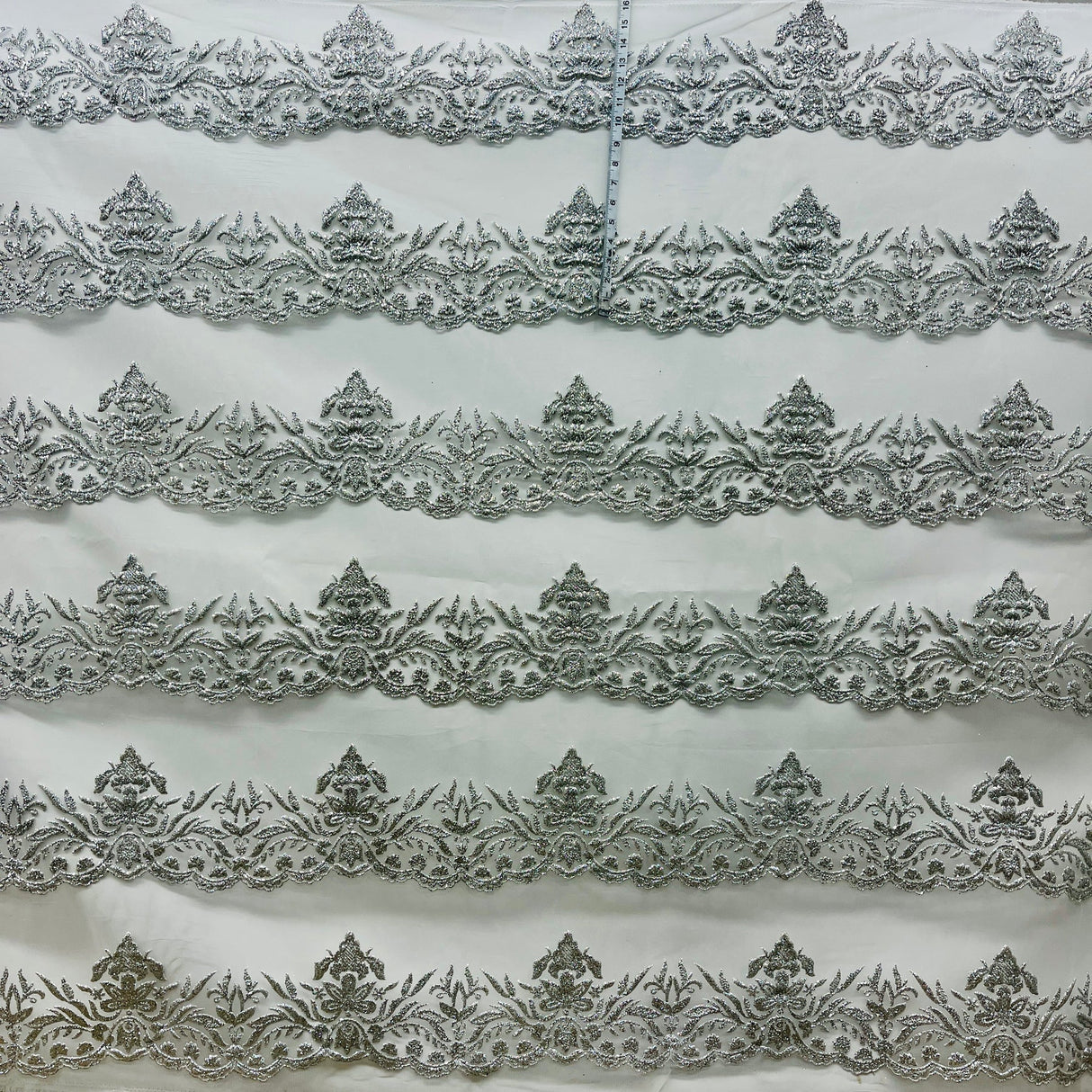 1 Yard Turquoise Glitter Mesh Fabric Ornate Floral Design 55 Inch Width