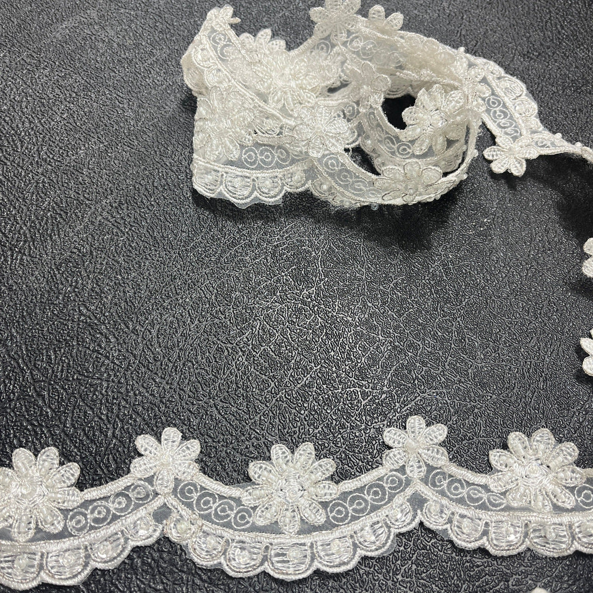 1 Yard Elegant Beaded & Corded Lace Trim on Polyester Net Mesh, 96761N-BP