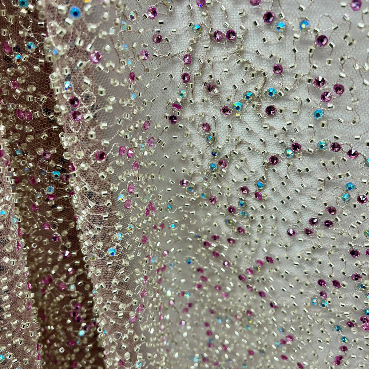 1 Yard Beaded Lace Fabric Embroidered on 100% Polyester Net Mesh, Elegant Sheer Textile