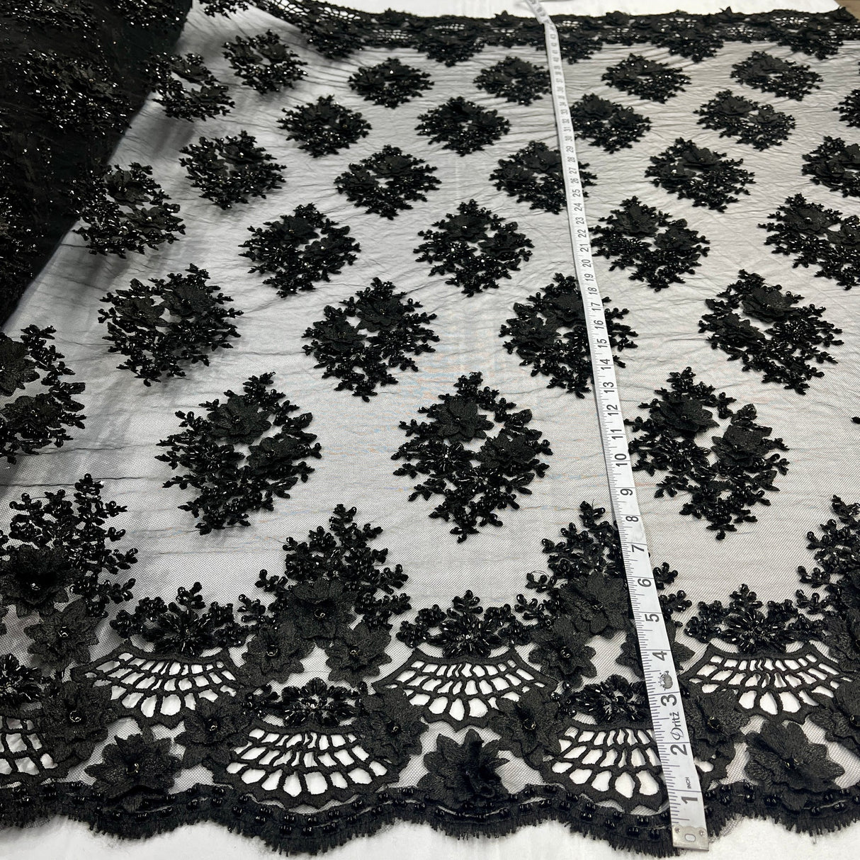 1 Yard Beaded 3D Floral Embroidered Lace Fabric on Polyester Net Mesh, 52" Width
