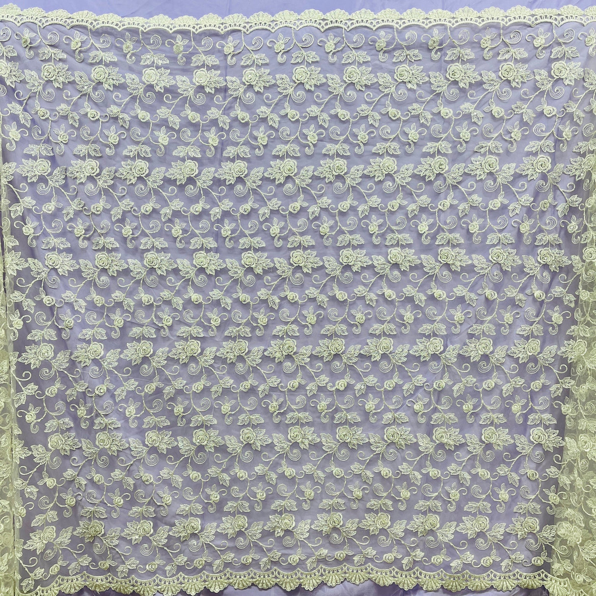 1 Yard Exquisite Ivory Silver Beaded Corded Bridal Lace Fabric on Net Mesh 52 inch Width