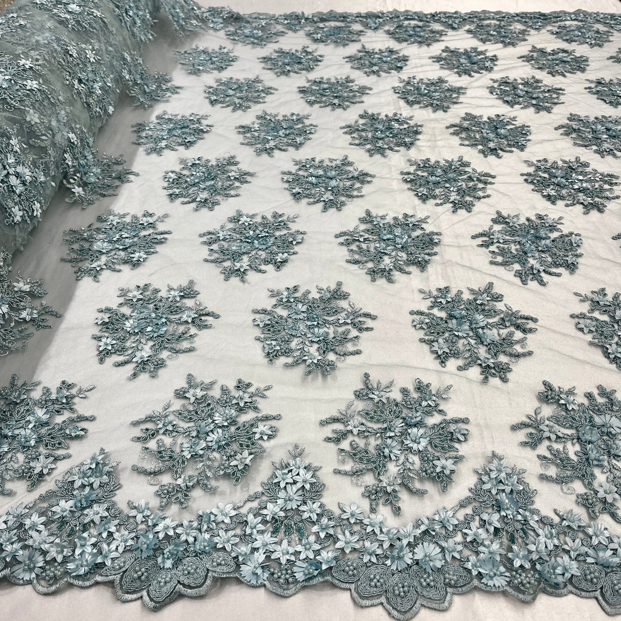 1 Yard Whimsical Pink Beaded 3D Floral Lace Fabric on Net Mesh 50 inch Width