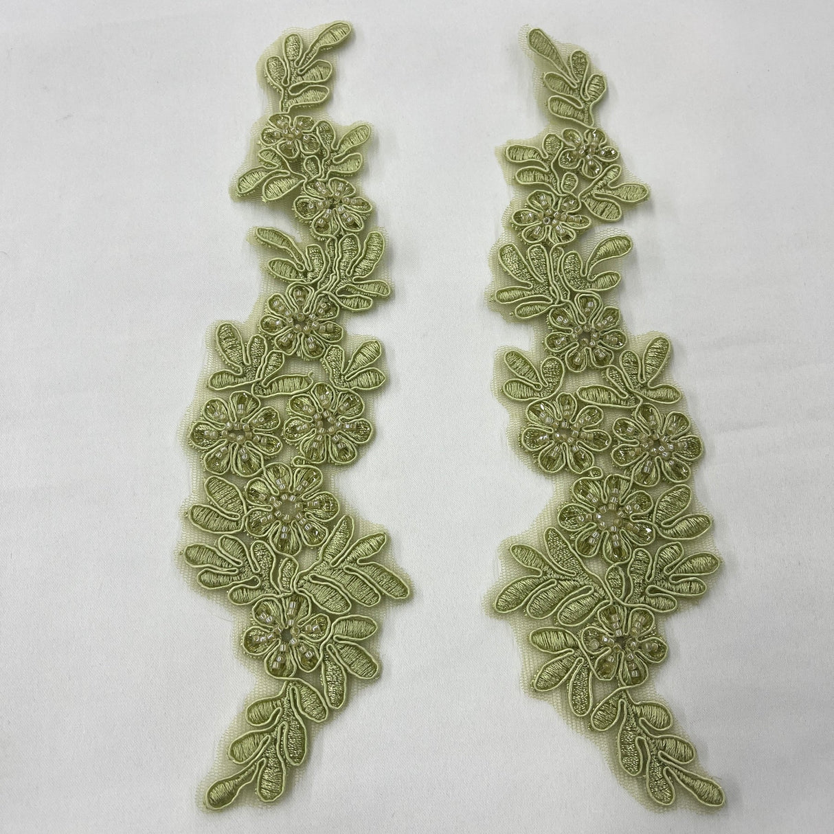1 Pair 9.5" x 2" Each Side Beaded & Corded Floral Lace Applique Embroidered on 100% Polyester Net Mesh