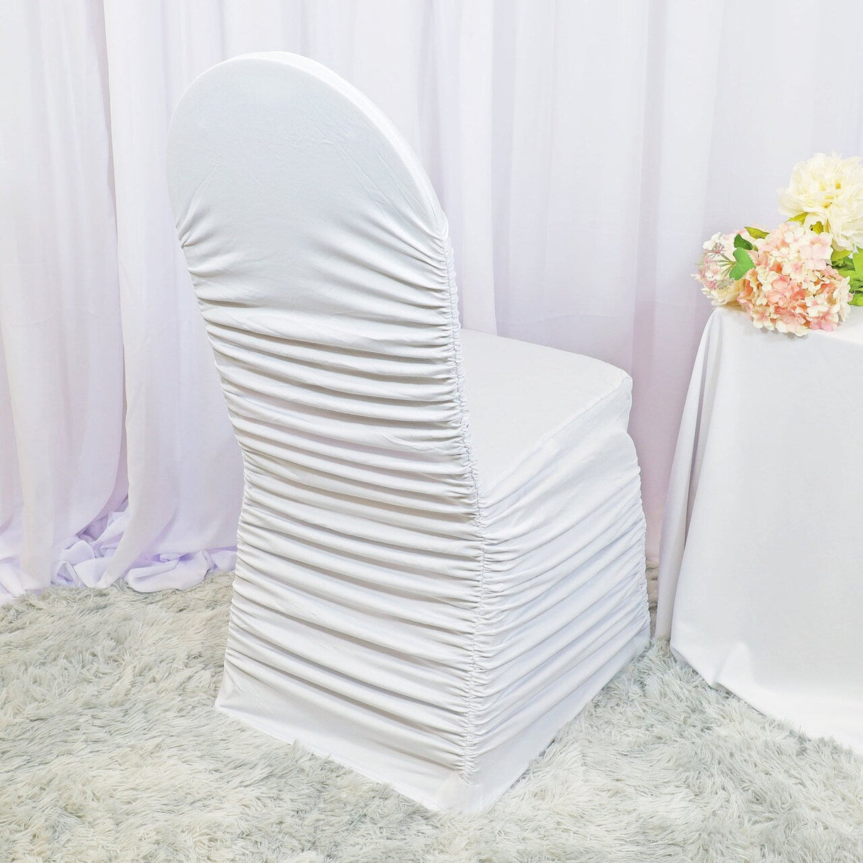 1 Piece White Rouge Spandex Chair Cover, Elegant Ruffled Banquet Stretch Fit
