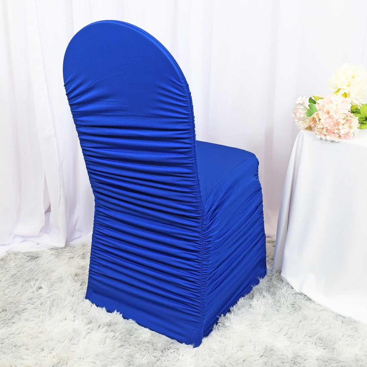 1 Piece Royal Blue Rouge Chair Cover, Elegant Ruffled Spandex Fit for Banquet Chairs