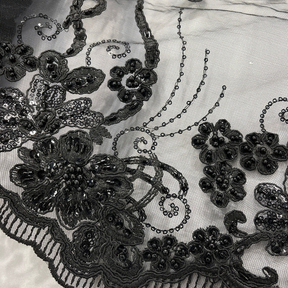 1 Yard Beaded Corded Lace Fabric on 100% Polyester Net Mesh, Elegant Embroidered Lace Material