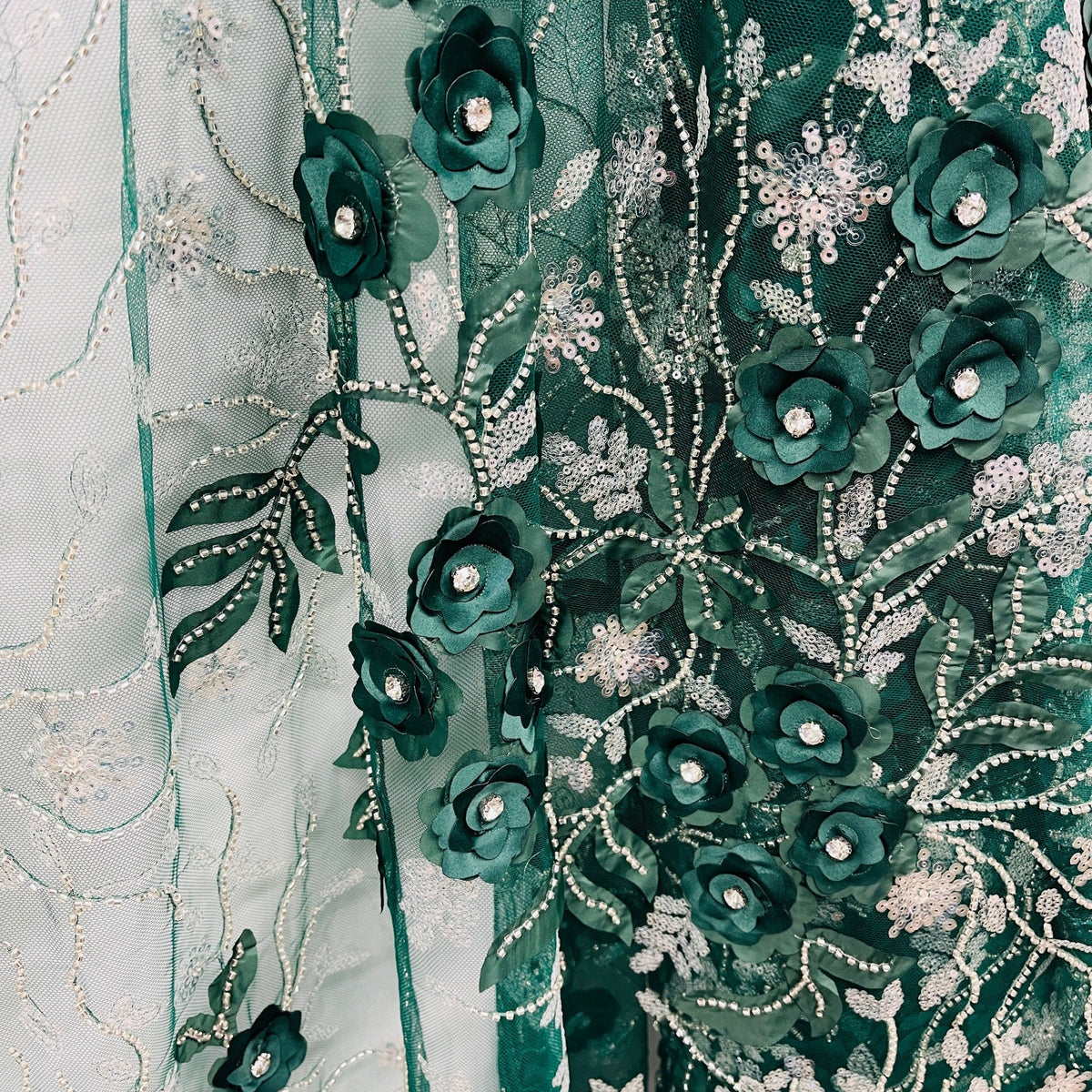 1 Yard Beaded 3D Floral Lace Fabric on 100% Polyester Net Mesh, Elegant Embroidered Textile