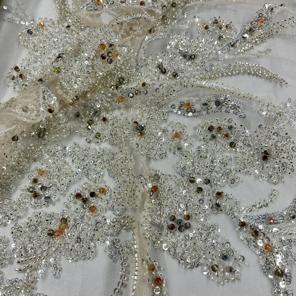 1 Yard Beaded Lace Fabric on 100% Polyester Net Mesh, Elegant Embroidered Textile