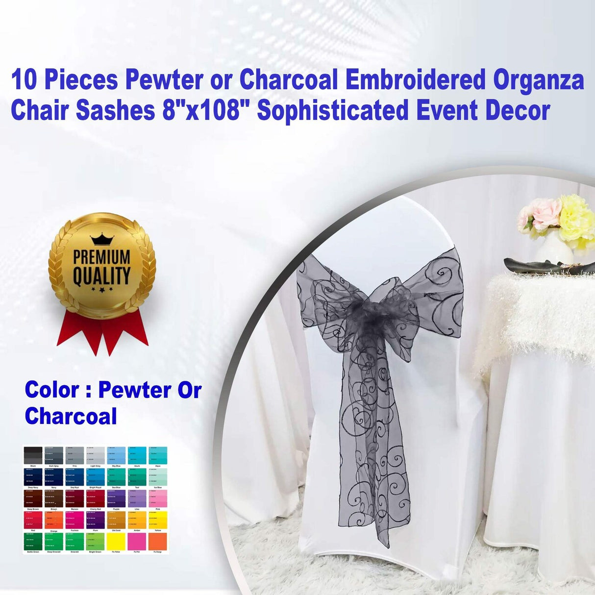 10 Pieces Pewter Embroidered Organza Chair Sashes 8"x108" Sophisticated Event Decor