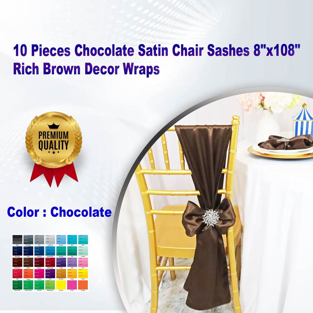 10 Pieces Chocolate Satin Chair Sashes 8"x108" Rich Brown Decor Wraps