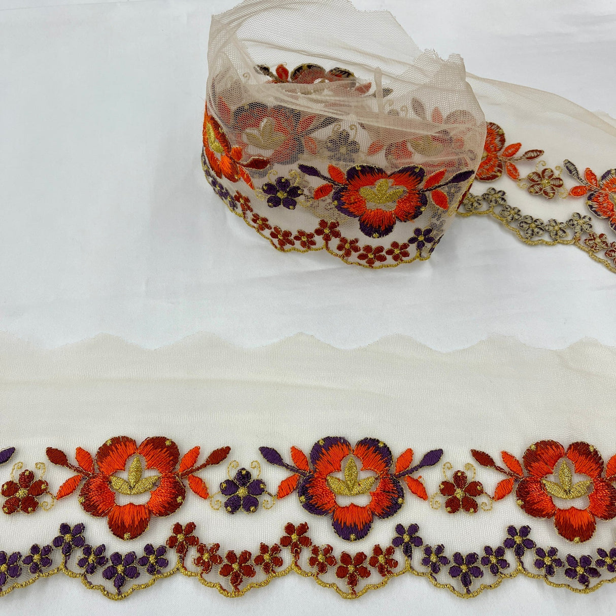 1 Yard Colorful Floral Lace Trimming on Net Mesh – 2.5" Wide | Handmade Embroidered Trim for Dresses & Costumes