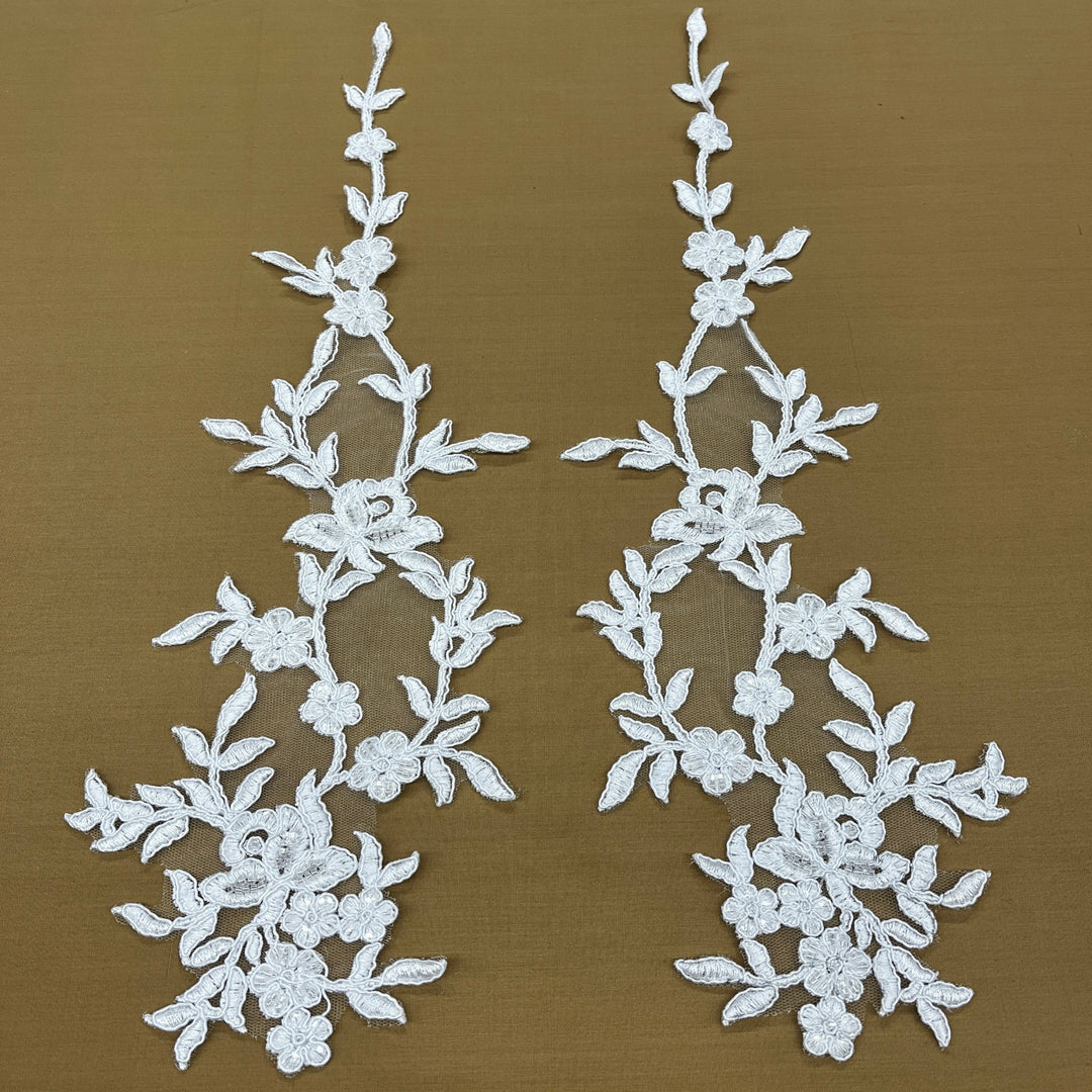 1 Pair 17" x 4.5" Beaded & Corded Floral Lace Applique 100% Polyester Net Mesh