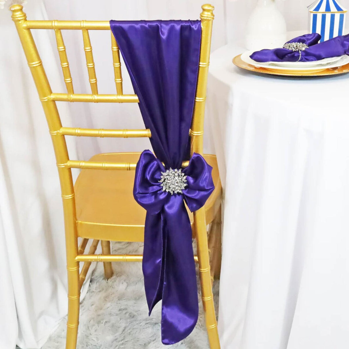 10 Pieces Satin Chair Sashes 8 by 108 inches Regency Purple