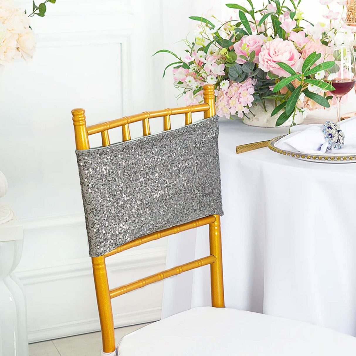 10 Pieces Shimmering Silver Sequin Stretch Spandex Chair Bands 7 x 13 Inches