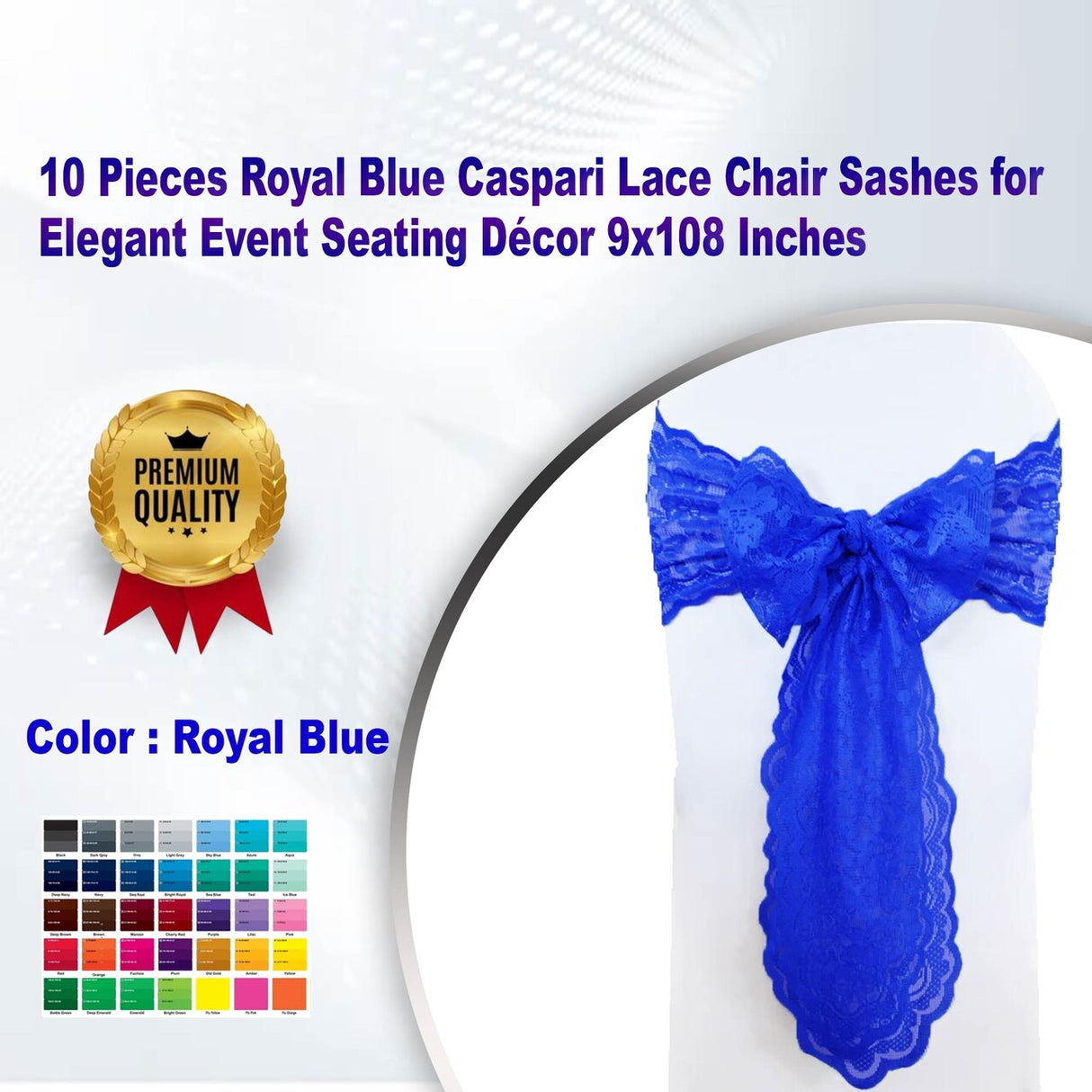 10 Pieces Royal Blue Caspari Lace Chair Sashes for Elegant Event Seating Décor 9x108 Inches