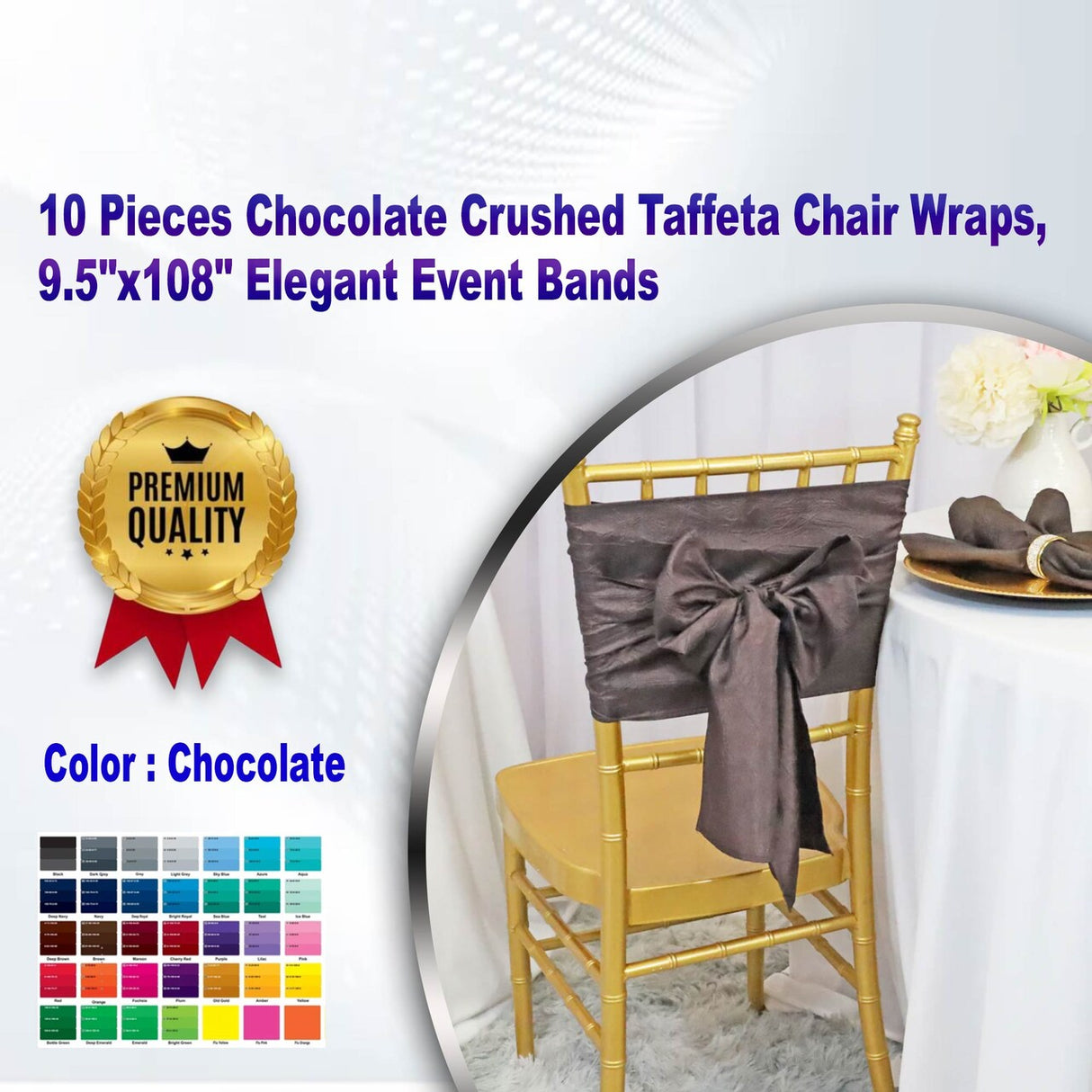 10 Pieces Chocolate Crushed Taffeta Chair Wraps, 9.5"x108" Elegant Event Bands