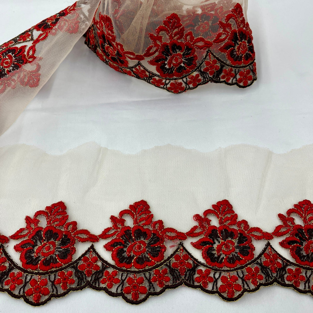 1 Yard Colorful Floral Lace Trimming on Net Mesh | 2.75" Wide | Handmade Embroidered Trim for Dresses & Costumes