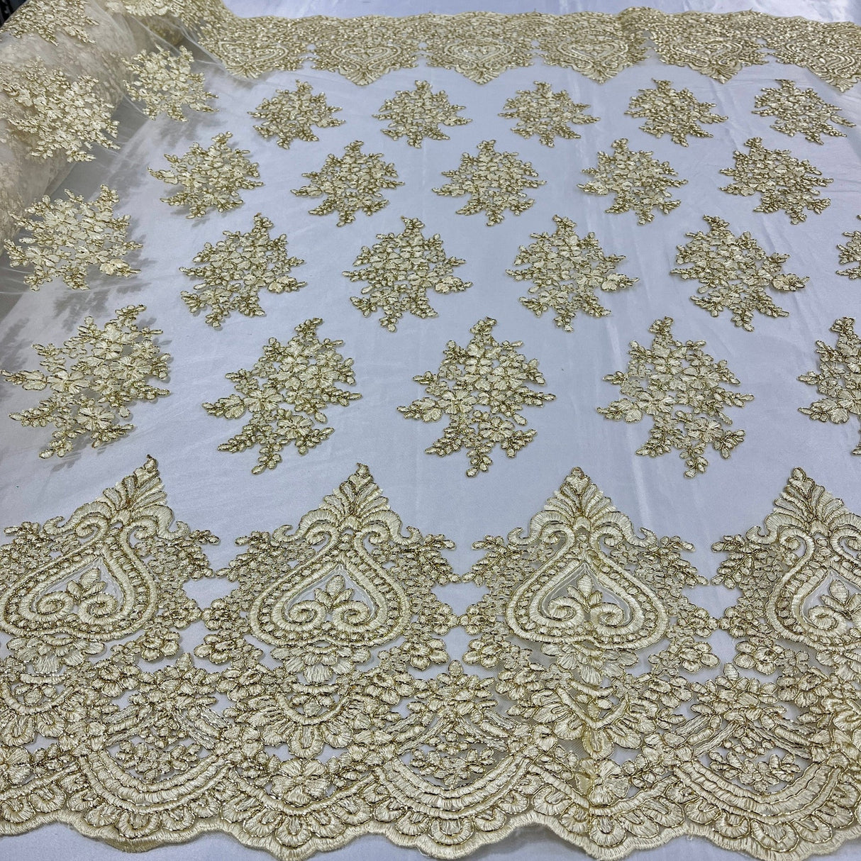 1 Yard Royal Blue Corded Lace Fabric Embroidered on Polyester Net Mesh 52 Inch Width