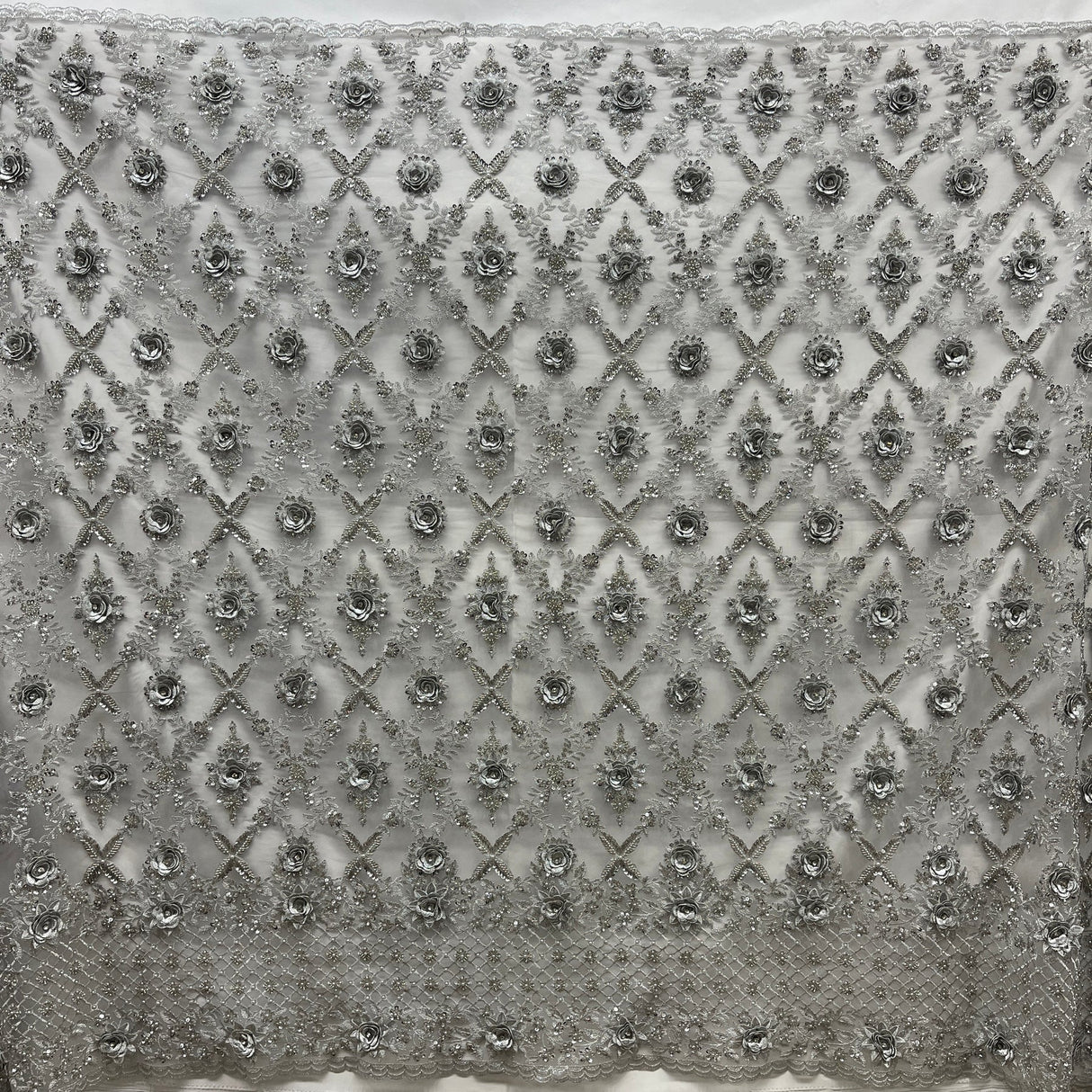 1 Yard Beaded 3D Floral Lace Fabric, Navy Embroidered Mesh, 100% Polyester, 51” Wide,