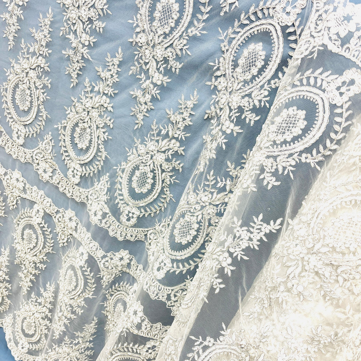 1 Yard White Beaded & Corded Embroidered Lace Fabric, Polyester Mesh, 48" Wide, Elegant Fabrication for Gowns & Décor