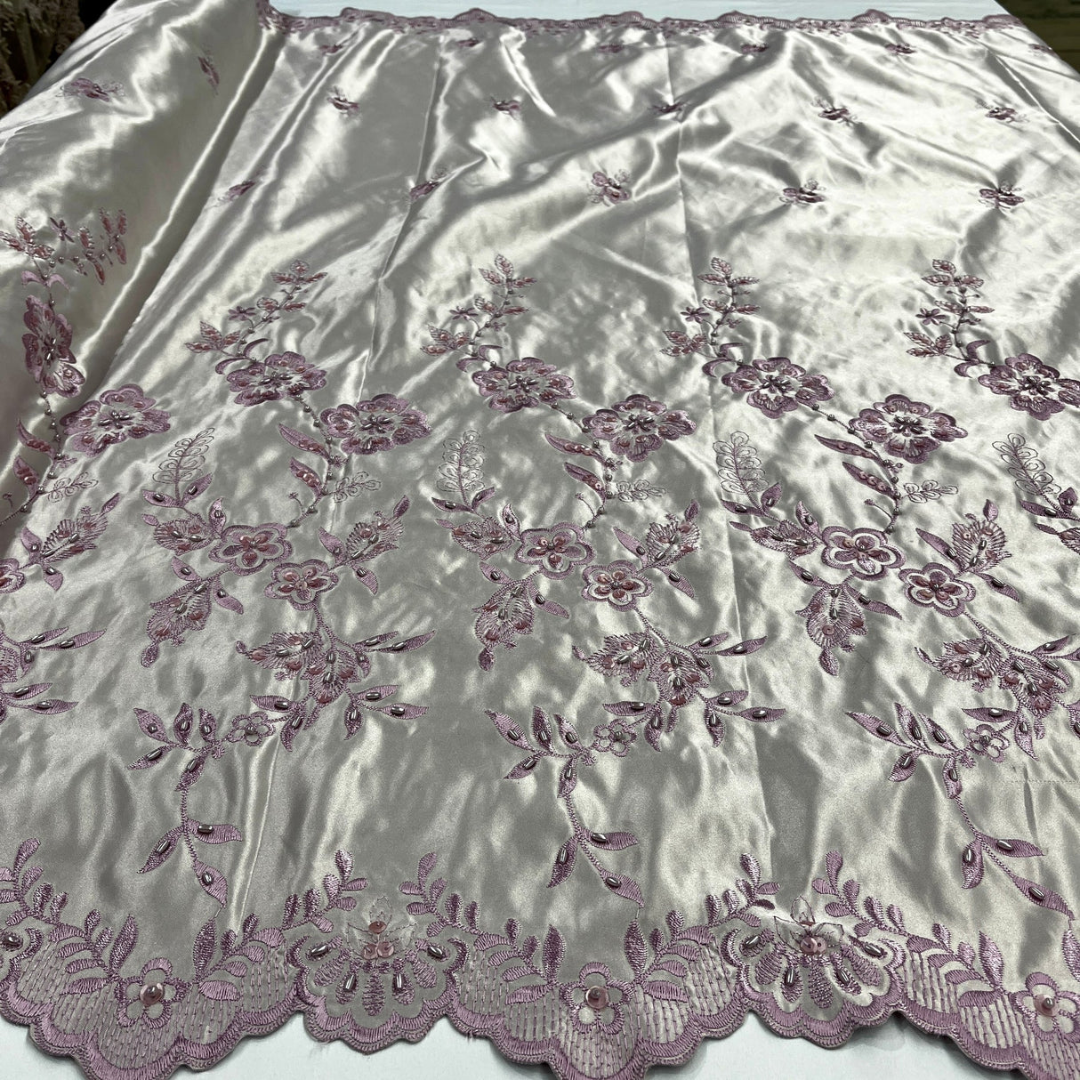 1 Yard Beaded Bridal Lace Fabric Embroidered Floral Satin Gown Couture 54" Width