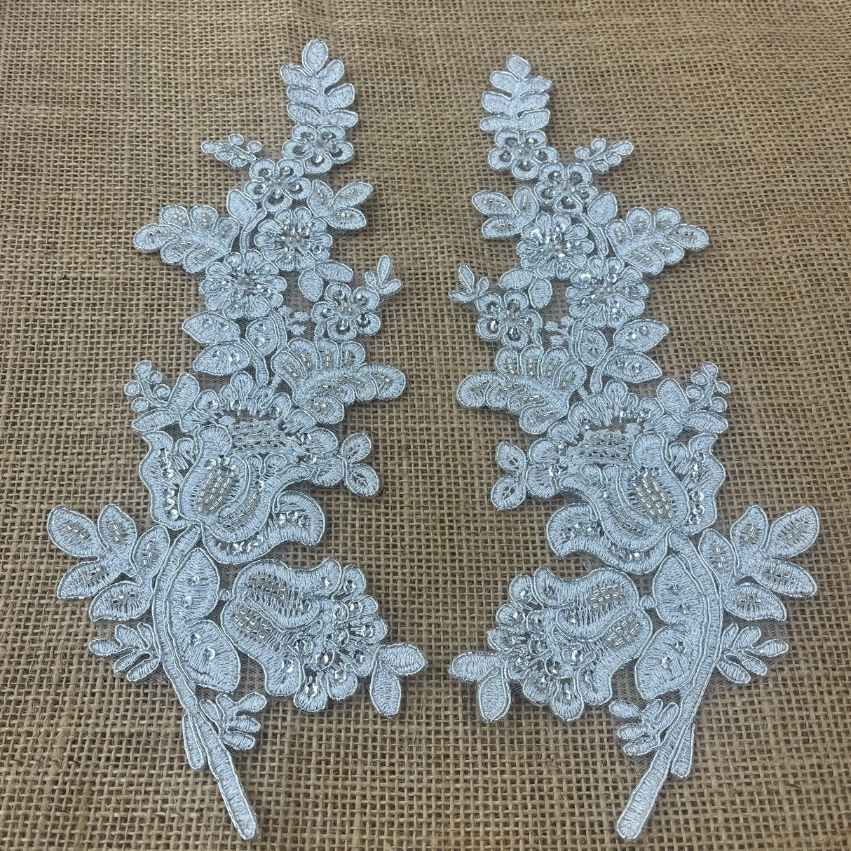 1 Pair 12" x 3.5" Beaded & Corded Floral Lace Applique 100% Polyester Net Mesh