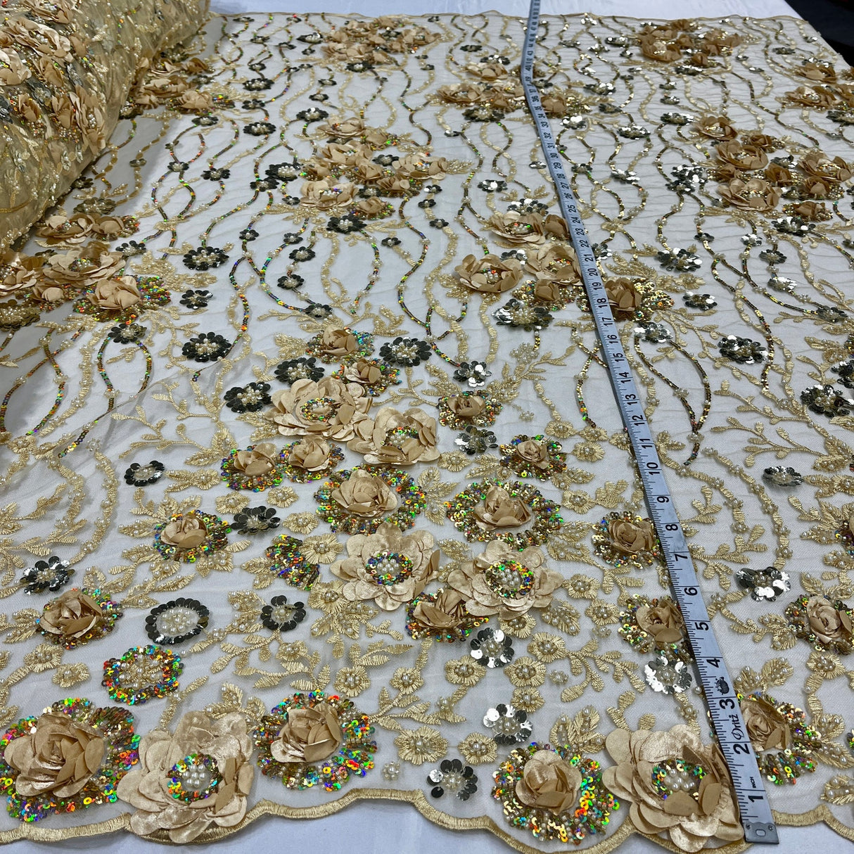 1 Yard Dazzling Yellow Beaded Sequined 3D Floral Lace Fabric on Net Mesh 52 inch Width