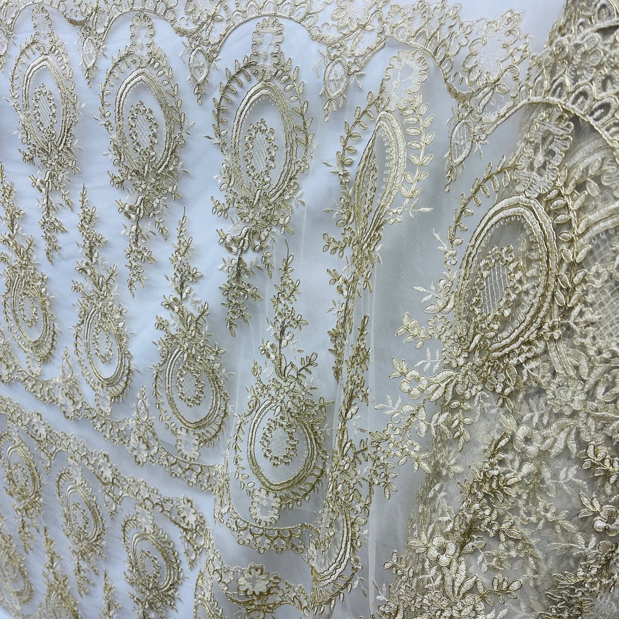1 Yard Elegant White Corded Bridal Lace Fabric on 100% Polyester Net Mesh 48 inch Width