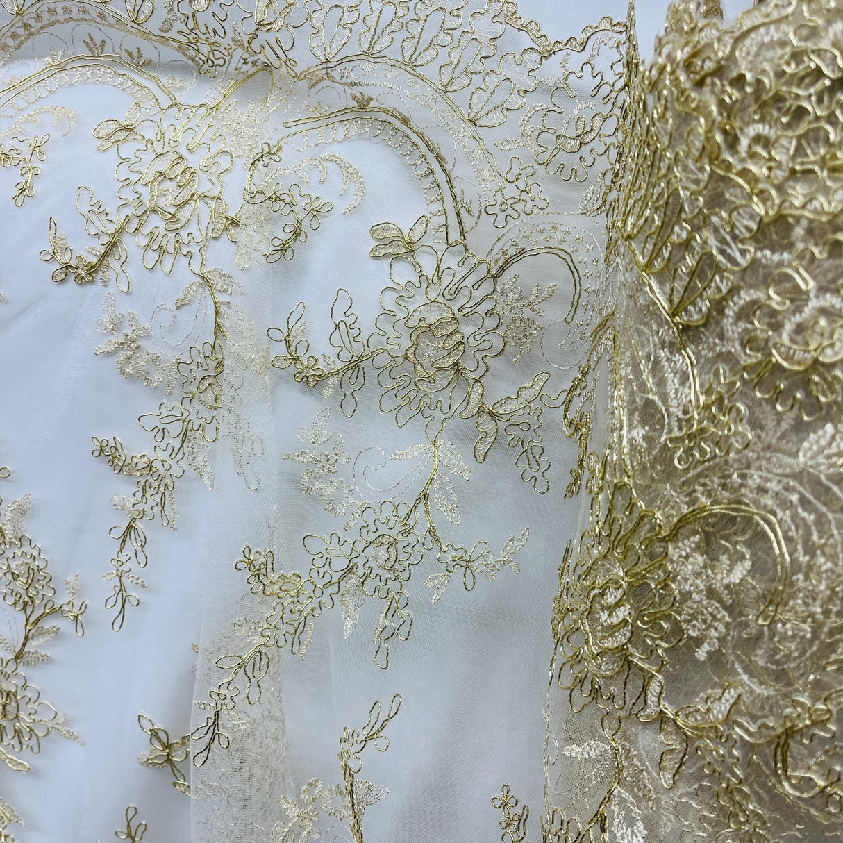 1 Yard Elegant Corded Bridal Lace Fabric Embroidered on 100% Polyester Net Mesh 51 inch Width
