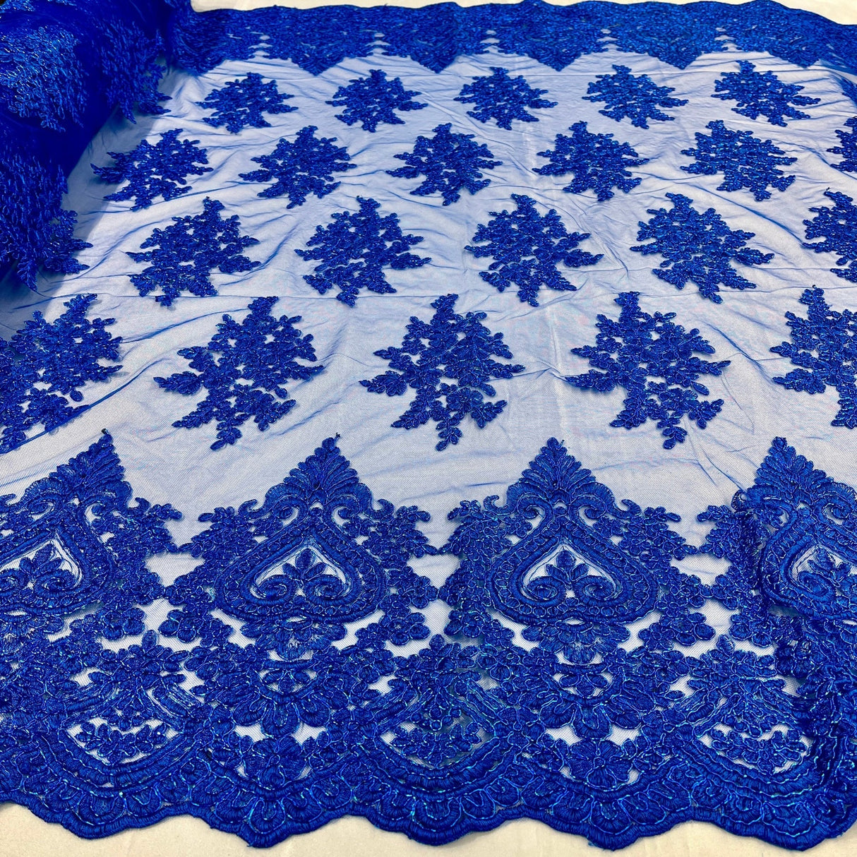 1 Yard Royal Blue Corded Lace Fabric Embroidered on Polyester Net Mesh 52 Inch Width