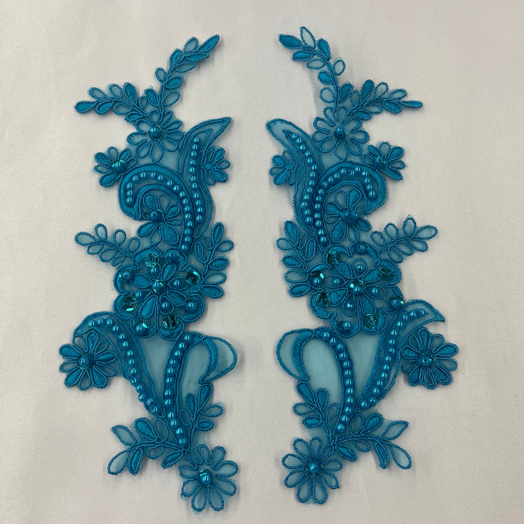 1 Pair Beaded & Corded Floral Lace Applique 9" x 2.5" Each Side