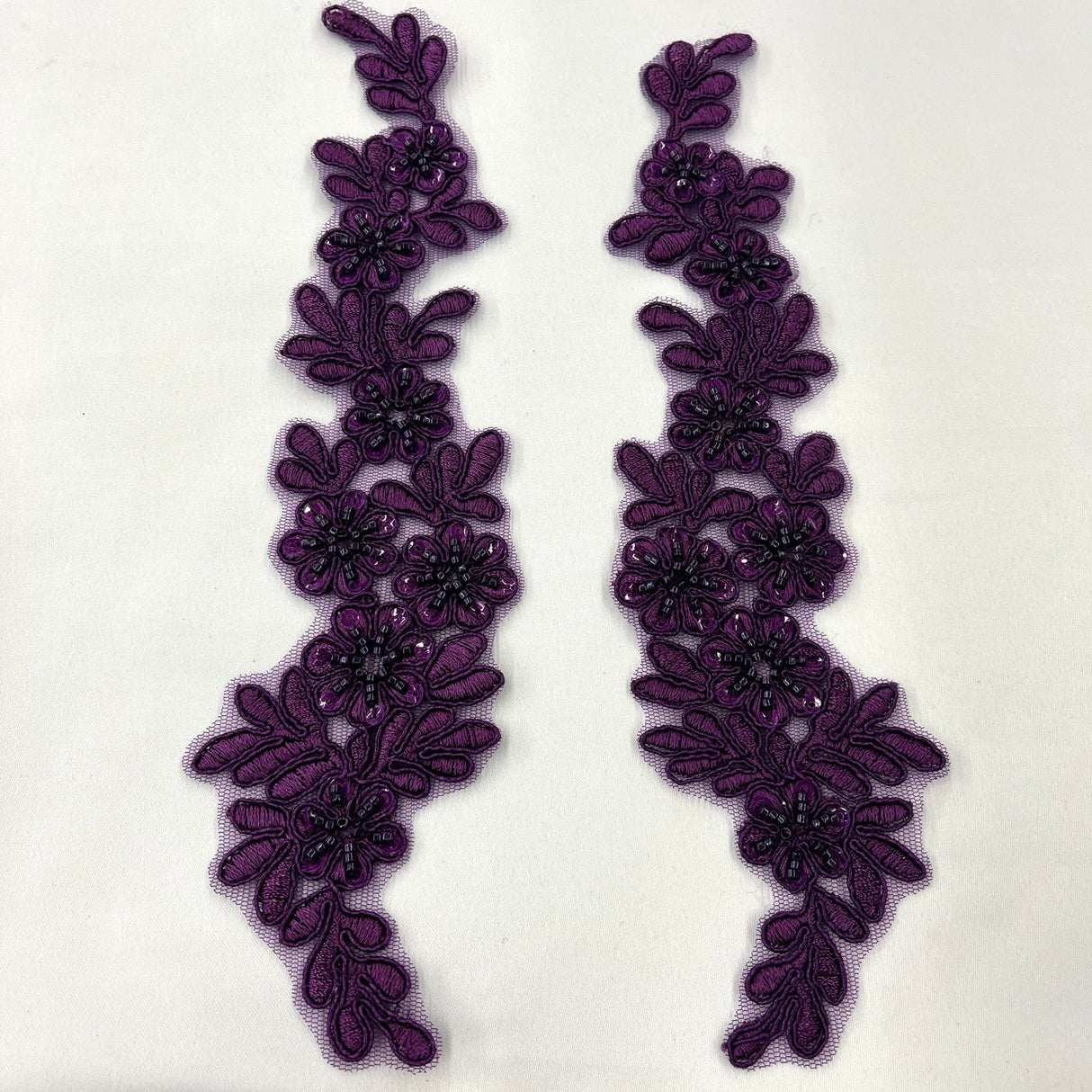 1 Pair 9.5" x 2" Each Side Beaded & Corded Floral Lace Applique Embroidered on 100% Polyester Net Mesh