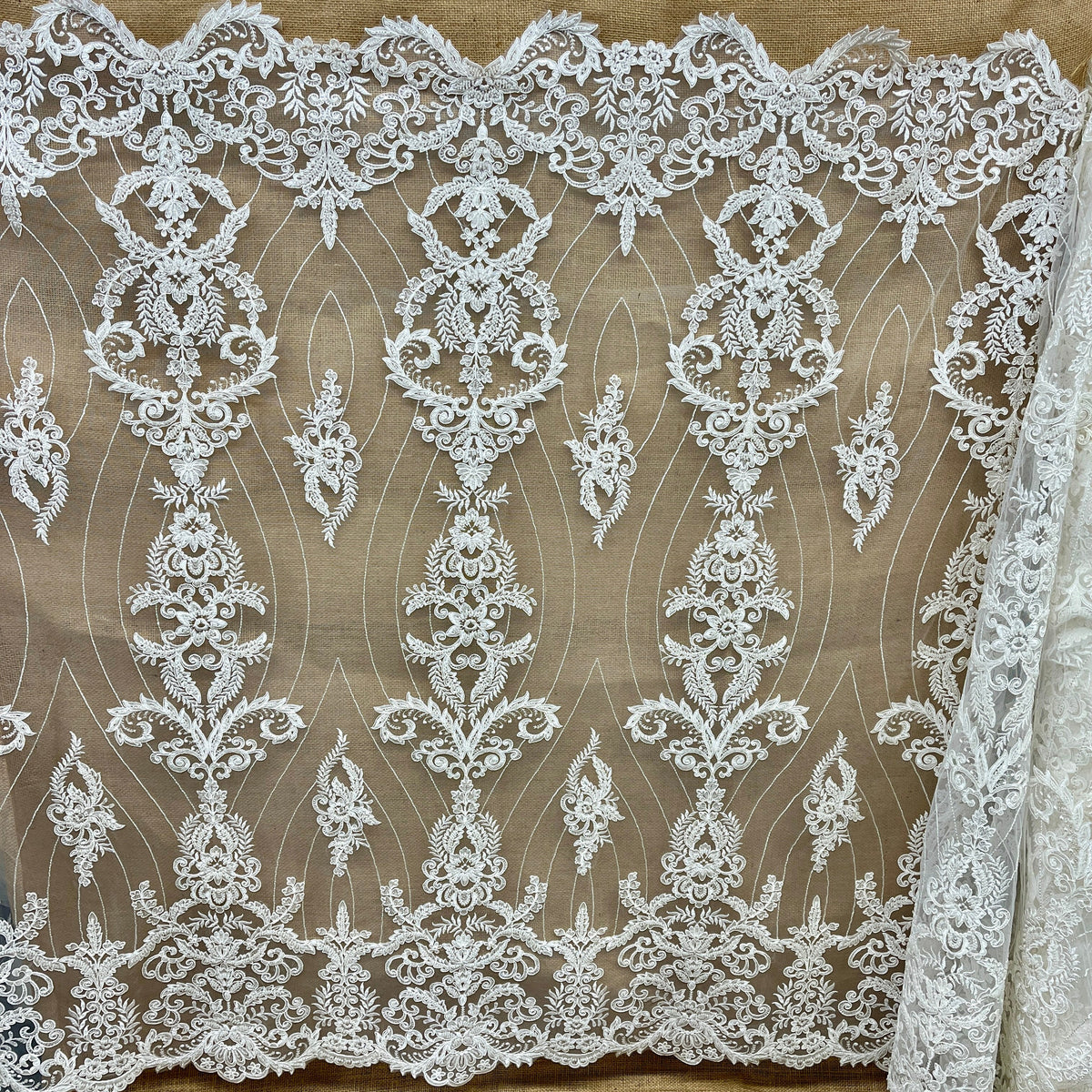 1 Yard Elegant Beaded & Corded Embroidered Bridal Lace on Polyester Mesh, GD-55519