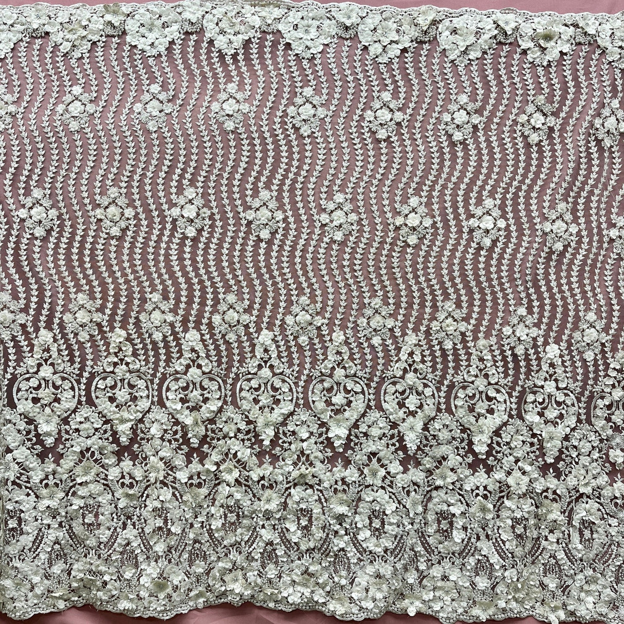 1 Yard Black Beaded 3D Floral Lace Fabric, Embroidered Mesh on Polyester, 48" Wide