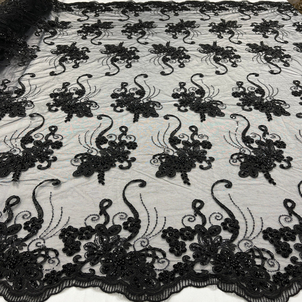 1 Yard Beaded Corded Lace Fabric on 100% Polyester Net Mesh, Elegant Embroidered Lace Material