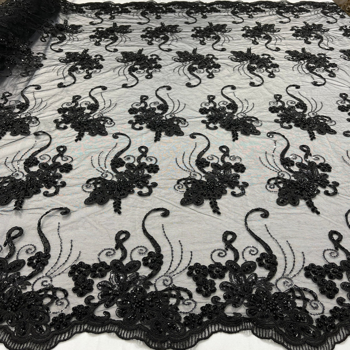 1 Yard Luxury Beaded and Corded Lace Fabric on Soft Polyester Net Mesh 54" Width