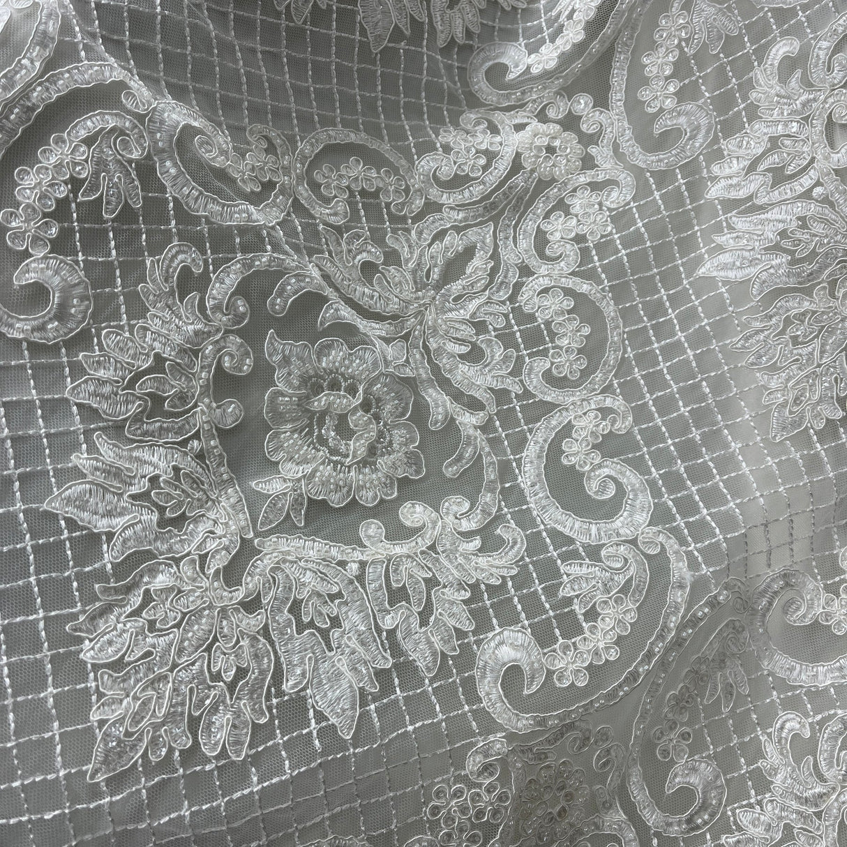 1 Yard Couture Beaded & Corded Bridal Lace with Sequins & Pearls Embroidered on Polyester Net Mesh, 54” Wide